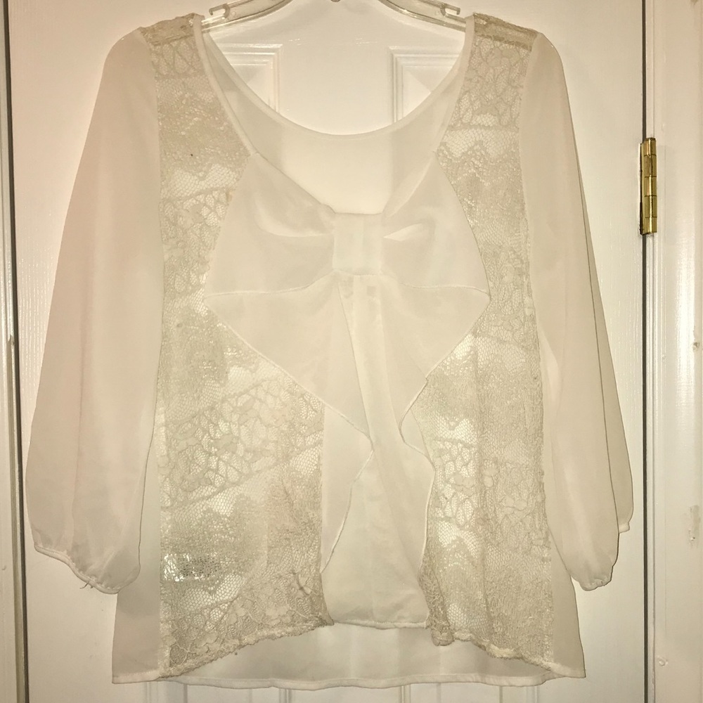 EUC Silk Blend Sheer Bow and lace back shirt Sz. L